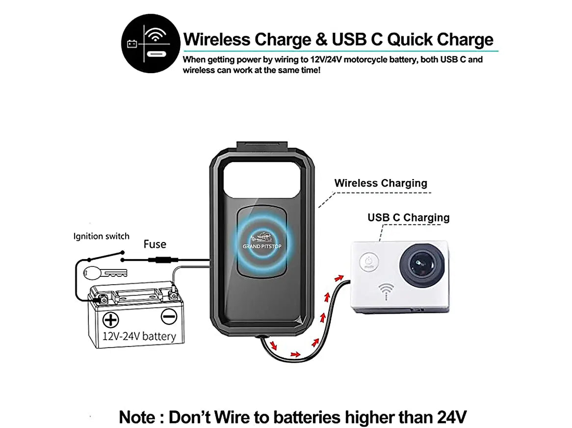 GPS Waterproof Mobile Holder Handlebar Mount with 15W Wireless Charger - Black - AlwaysRiding